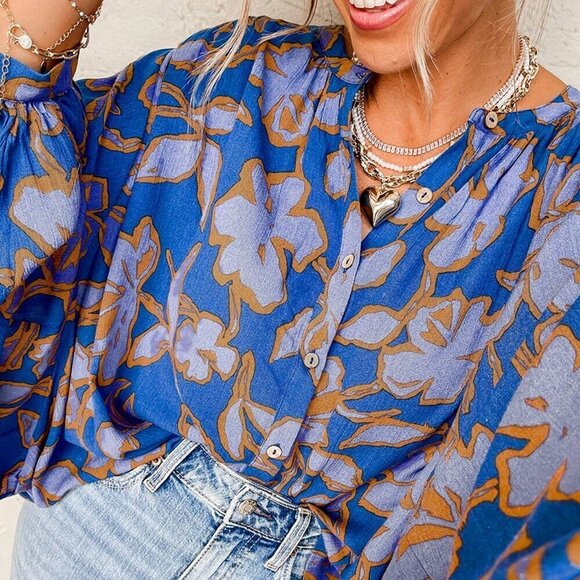 Multicolor Casual Women's Floral Print Batwing Sleeve Buttoned Loose Fit Shirt - Picture 5 of 10